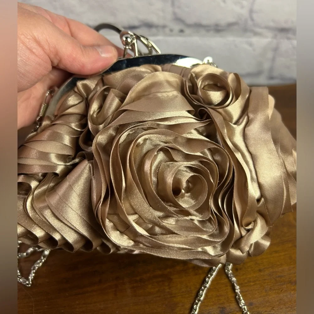 Elegant Satin Rose Clutch with Rhinestone Handle